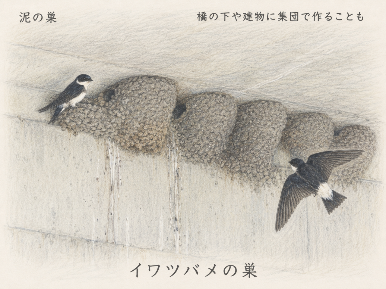 イワツバメの巣｜橋や建物に集団で作ることもある