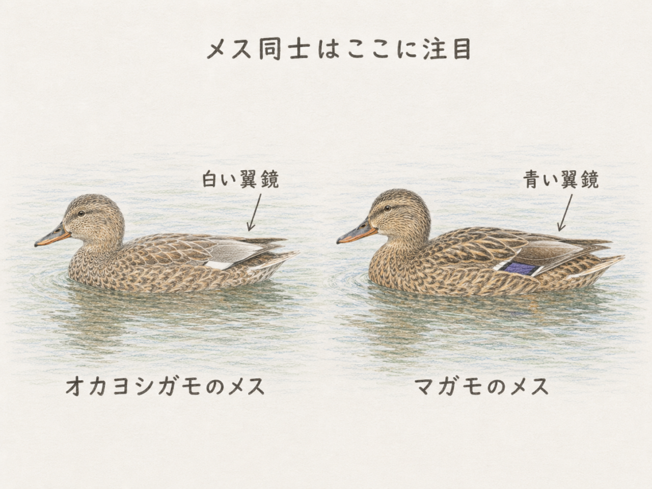オカヨシガモとマガモのメスの違い