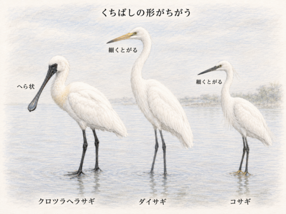 クロツラヘラサギとダイサギ・コサギの違い