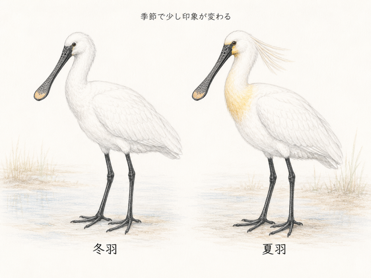 ヘラサギの夏羽と冬羽の違い