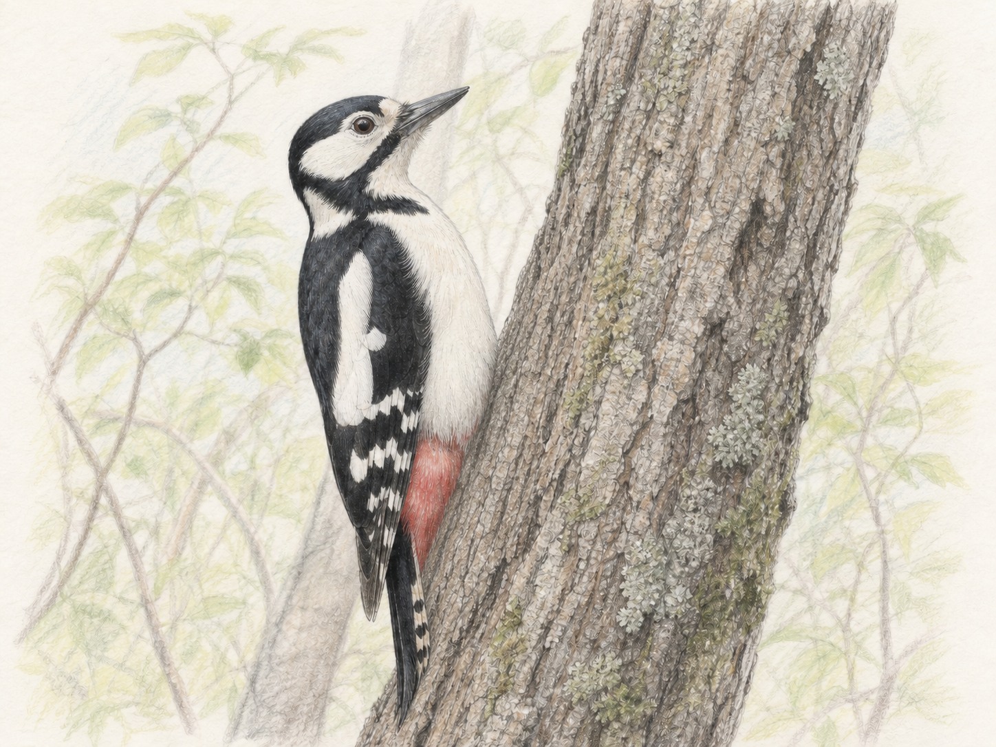 アカゲラの成鳥メスが木の幹を登る図鑑風イラスト