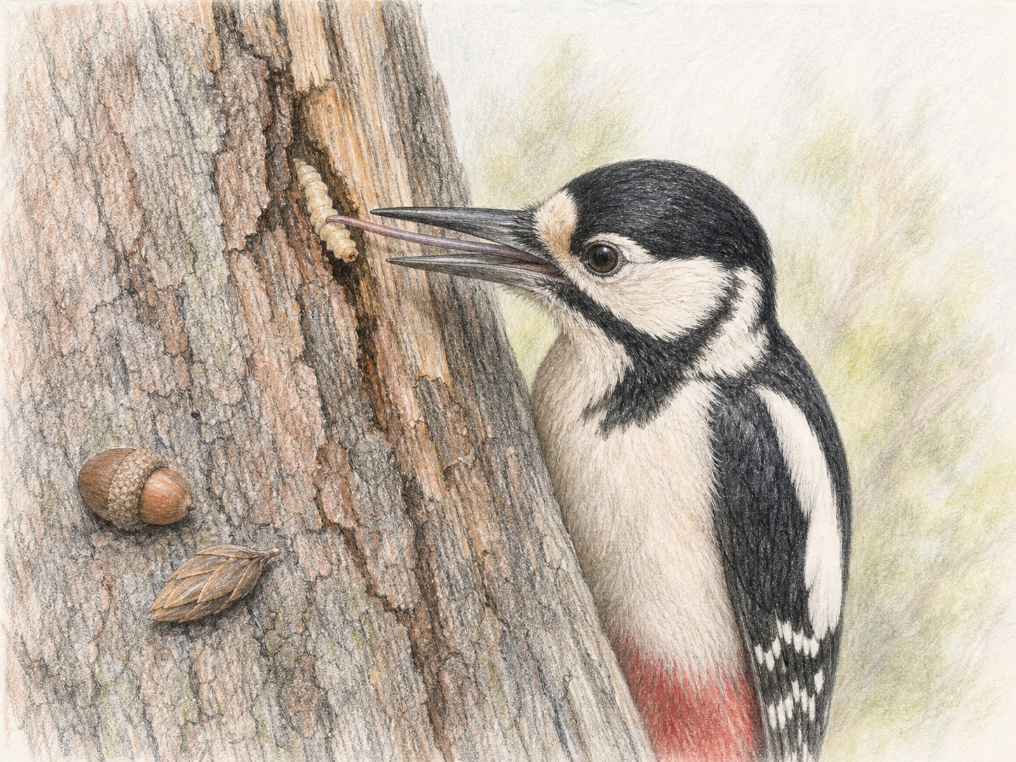 アカゲラが長い舌で木の中の昆虫を捕らえる色鉛筆画