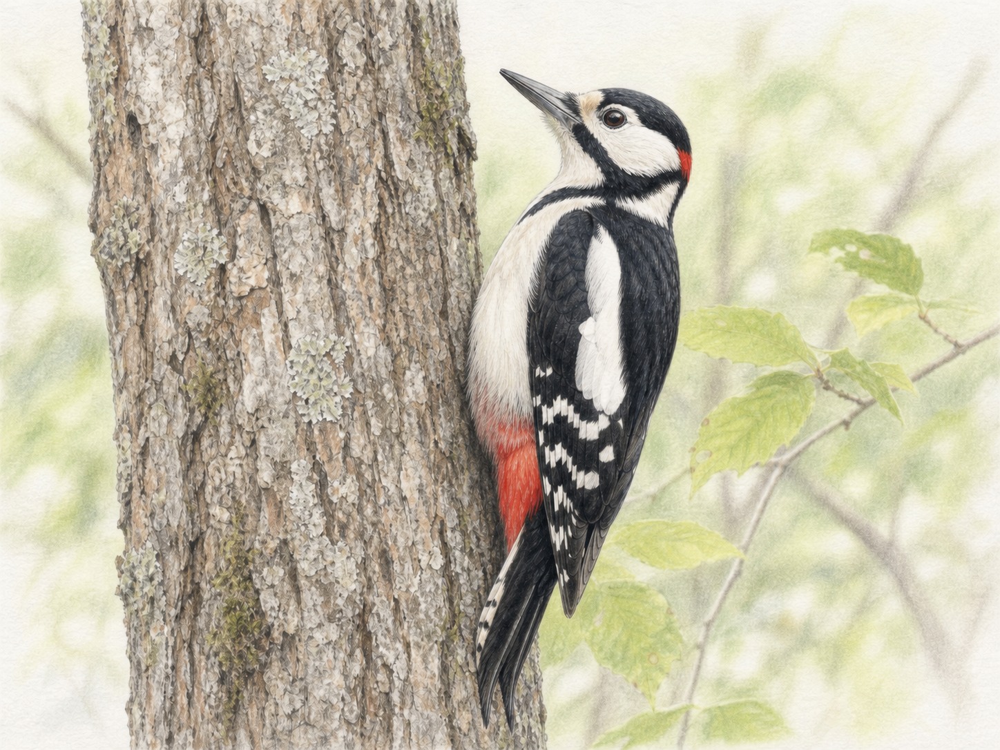アカゲラの成鳥オスが木の幹にとまる淡い色鉛筆画