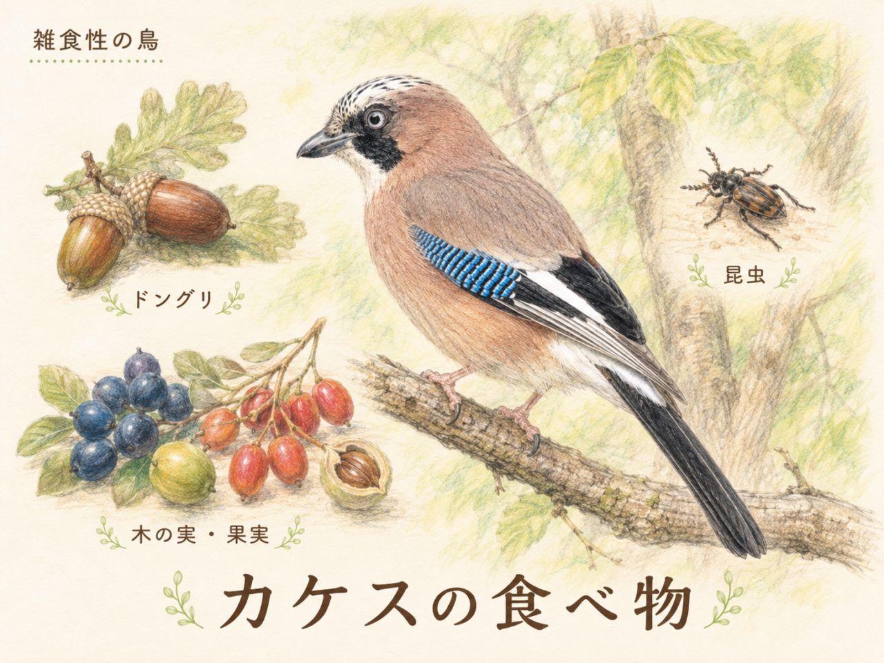 カケスの食べ物|ドングリだけではない雑食性の鳥
