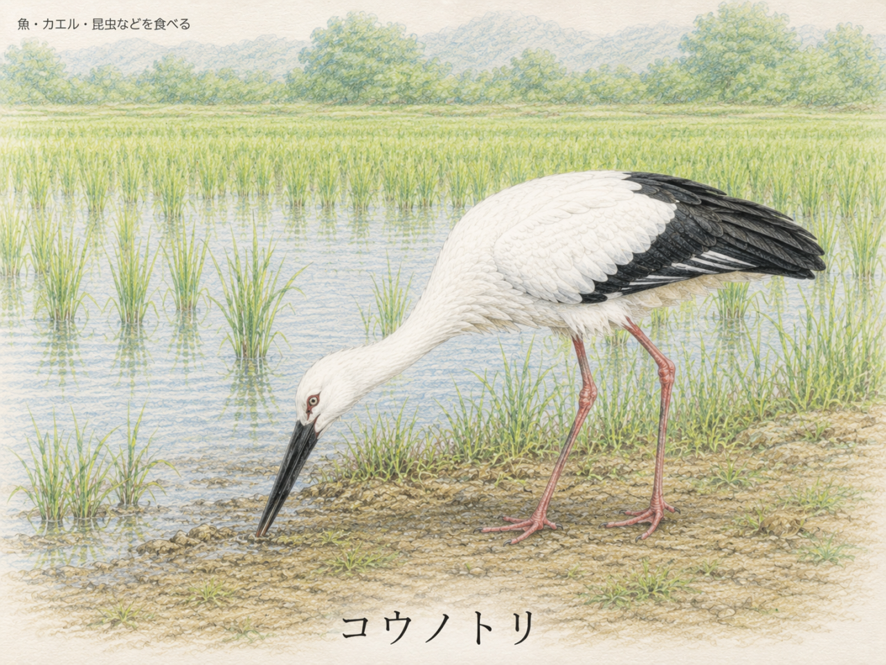 コウノトリの食べ物｜田んぼや水辺で何を食べる？