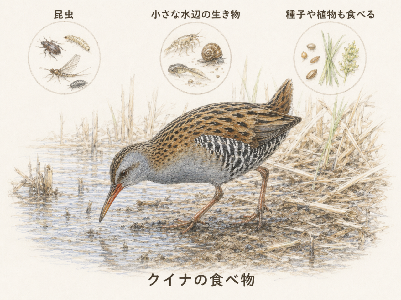 クイナの食べ物｜湿地で何を食べる？