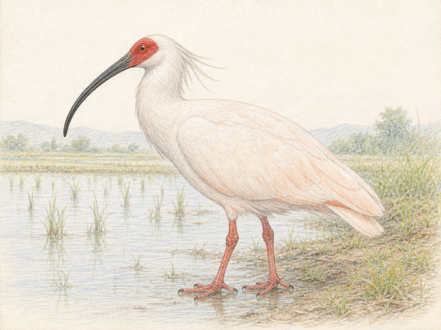 浅い水辺に立つトキの全身と淡い朱鷺色の翼を描いた色鉛筆画