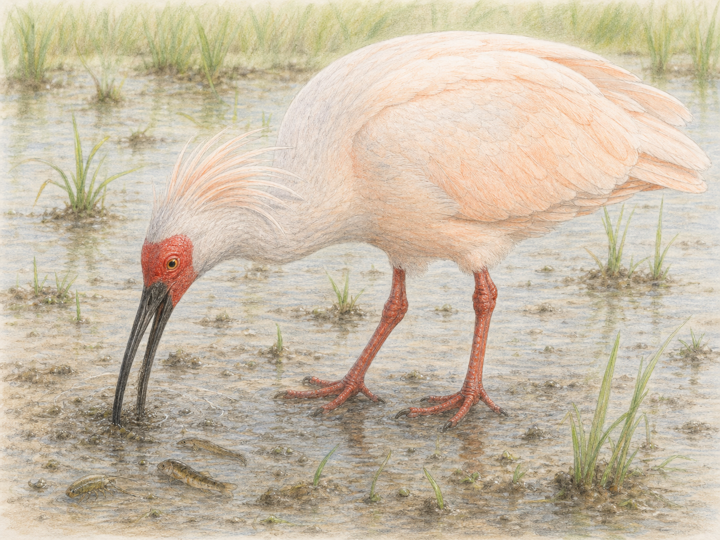 浅い田んぼで長い嘴を泥に差し込んで餌を探すトキを描いた色鉛筆画