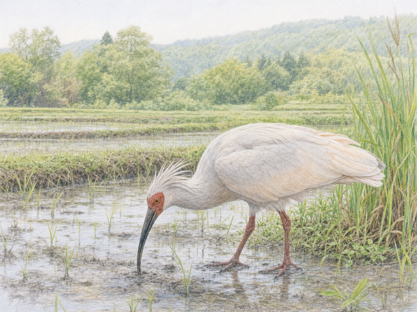 田んぼと湿地が続く環境で餌を探すトキを描いた淡い色鉛筆画