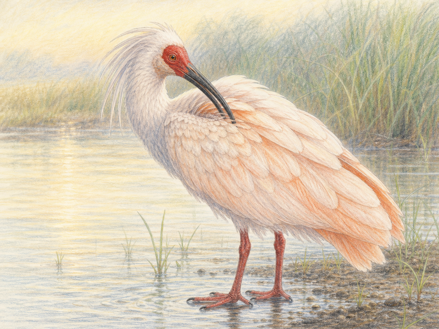成鳥のトキが水辺で羽づくろいをする姿を描いた淡い色鉛筆画