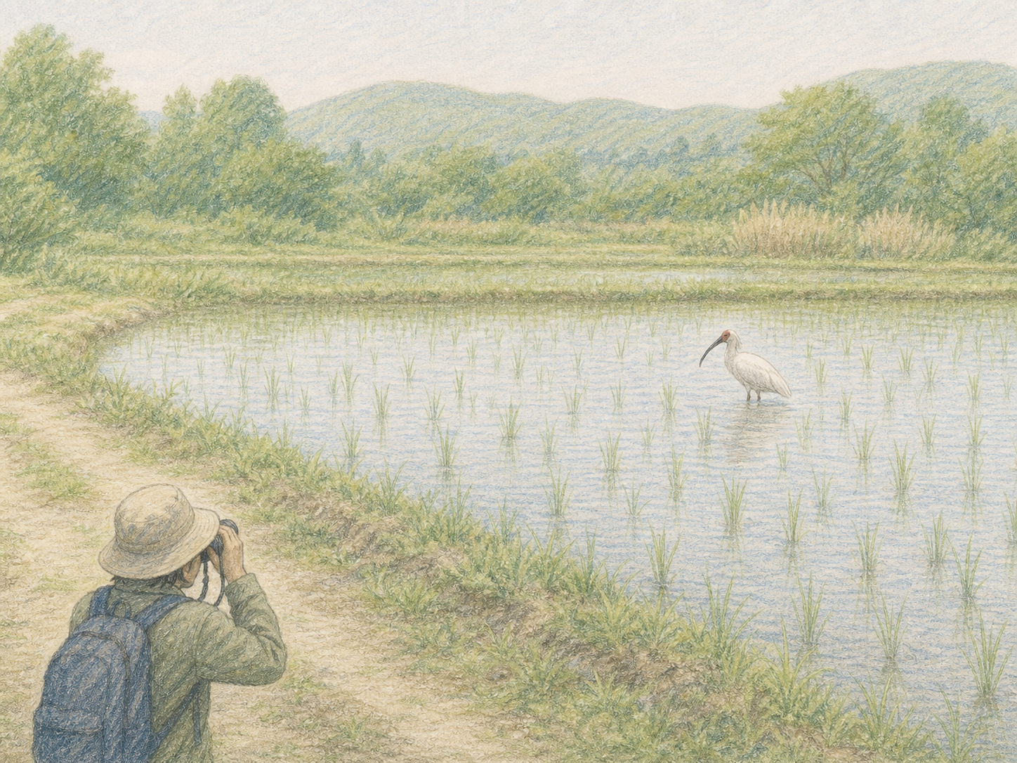 遠くのトキを双眼鏡で静かに観察する人を小さく描いた色鉛筆画