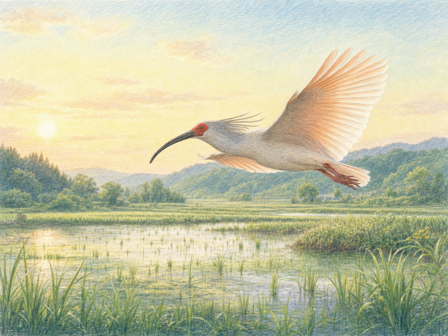 湿地の上を飛ぶトキと淡い朱鷺色の翼を描いた色鉛筆画