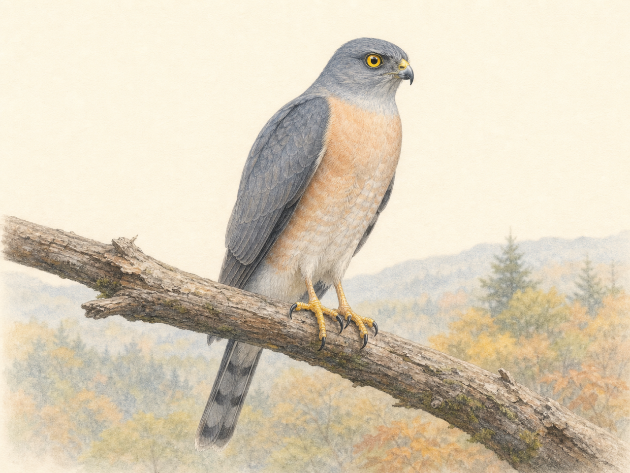秋の林で枝に止まるアカハラダカ成鳥の淡い色鉛筆画