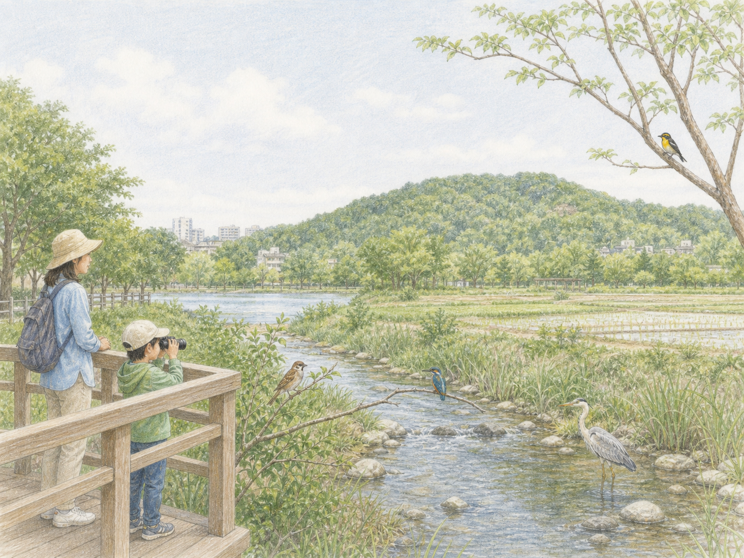 公園・川・山・湖・田んぼを背景に小学生と保護者がスズメ、カワセミ、アオサギ、キビタキを離れて観察する淡い色鉛筆画