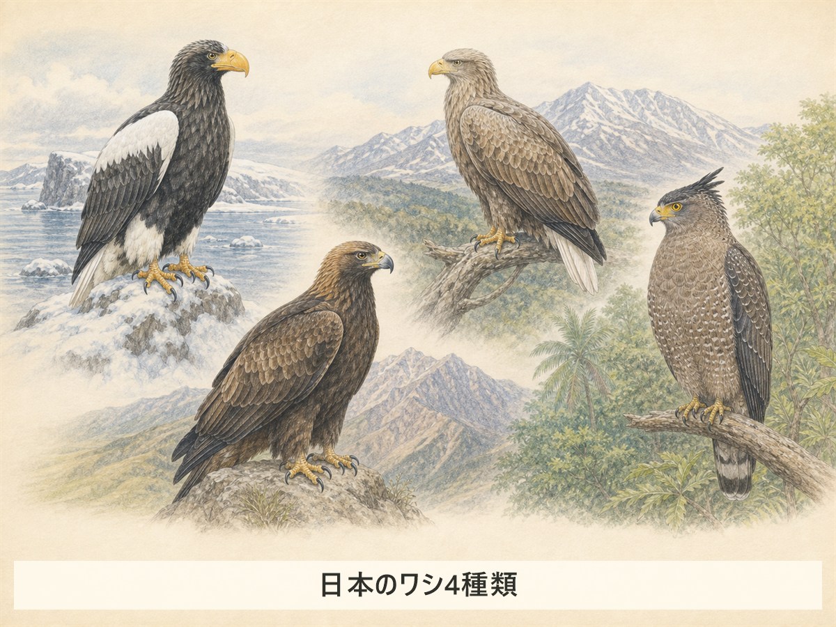 日本の代表的なワシ4種類、オオワシ・オジロワシ・イヌワシ・カンムリワシのイラスト