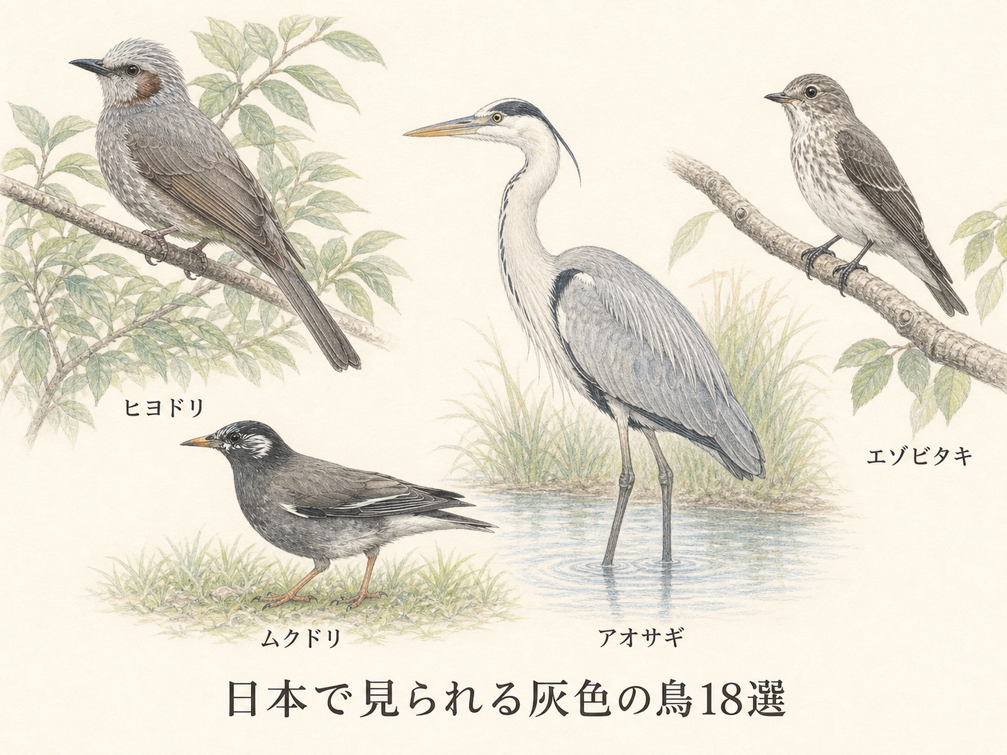 日本で見られる灰色の鳥18選 ヒヨドリ・ムクドリ・アオサギ・エゾビタキの色鉛筆画