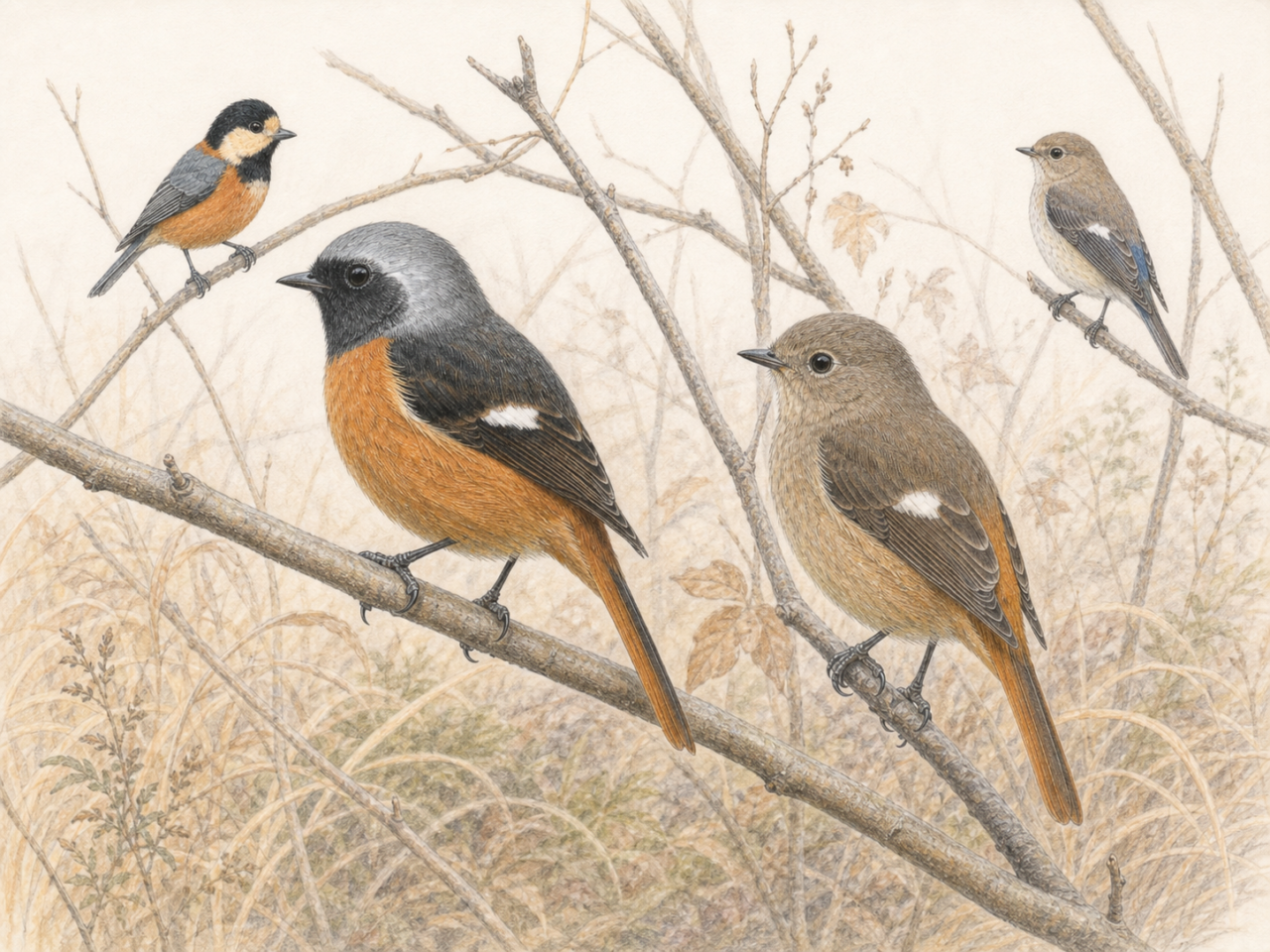 ジョウビタキのオスとメス、似た鳥を淡い色鉛筆画で比較したイラスト