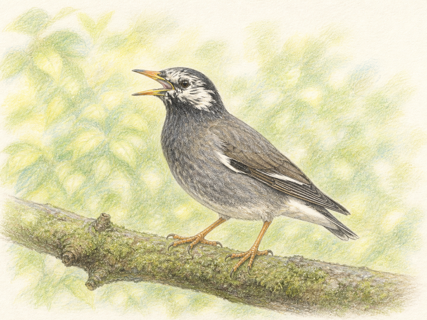 ムクドリが枝にとまり、くちばしを開けて鳴く淡い色鉛筆画