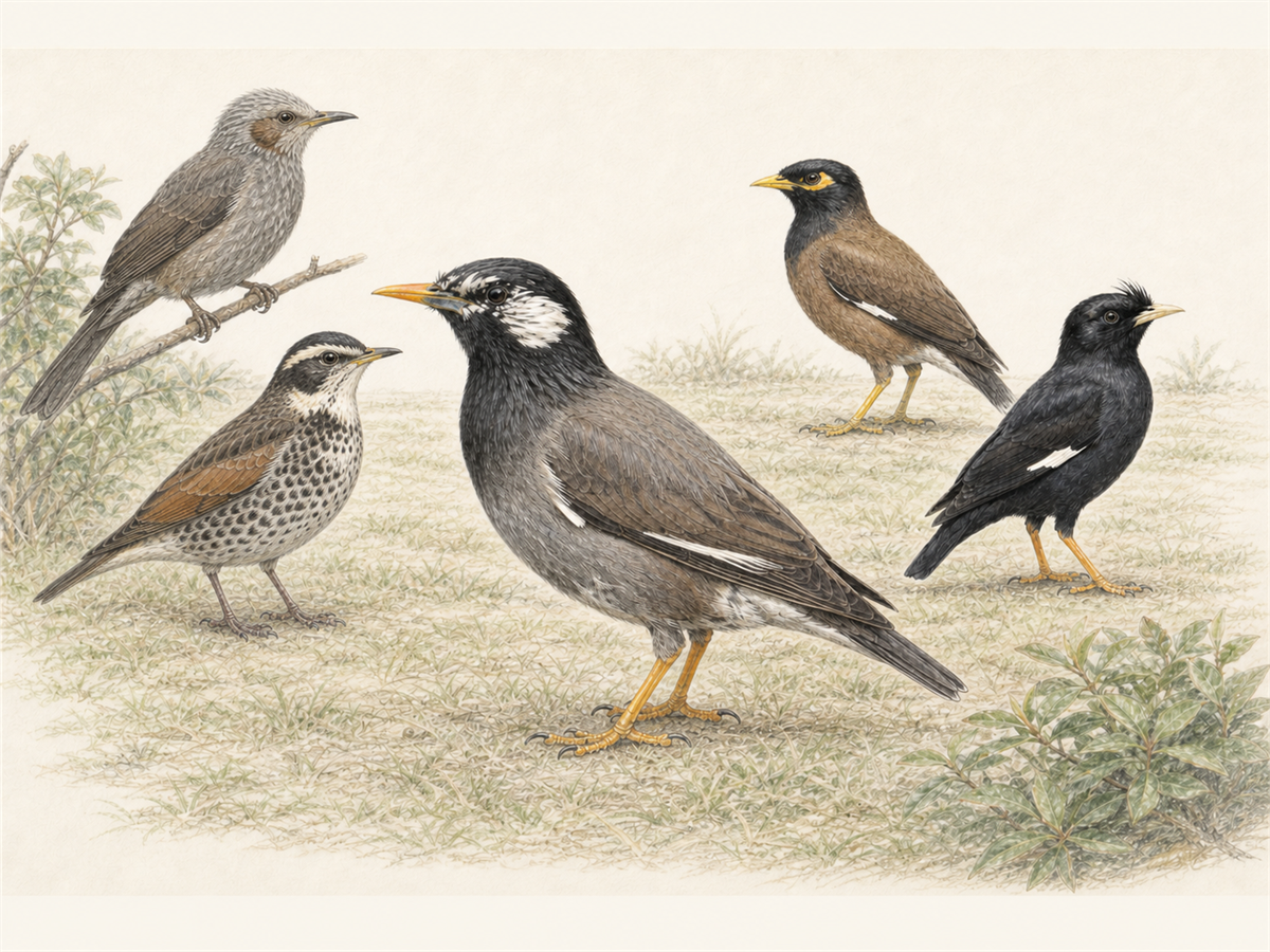ムクドリに似た鳥6種を淡い色鉛筆画で比較したイラスト
