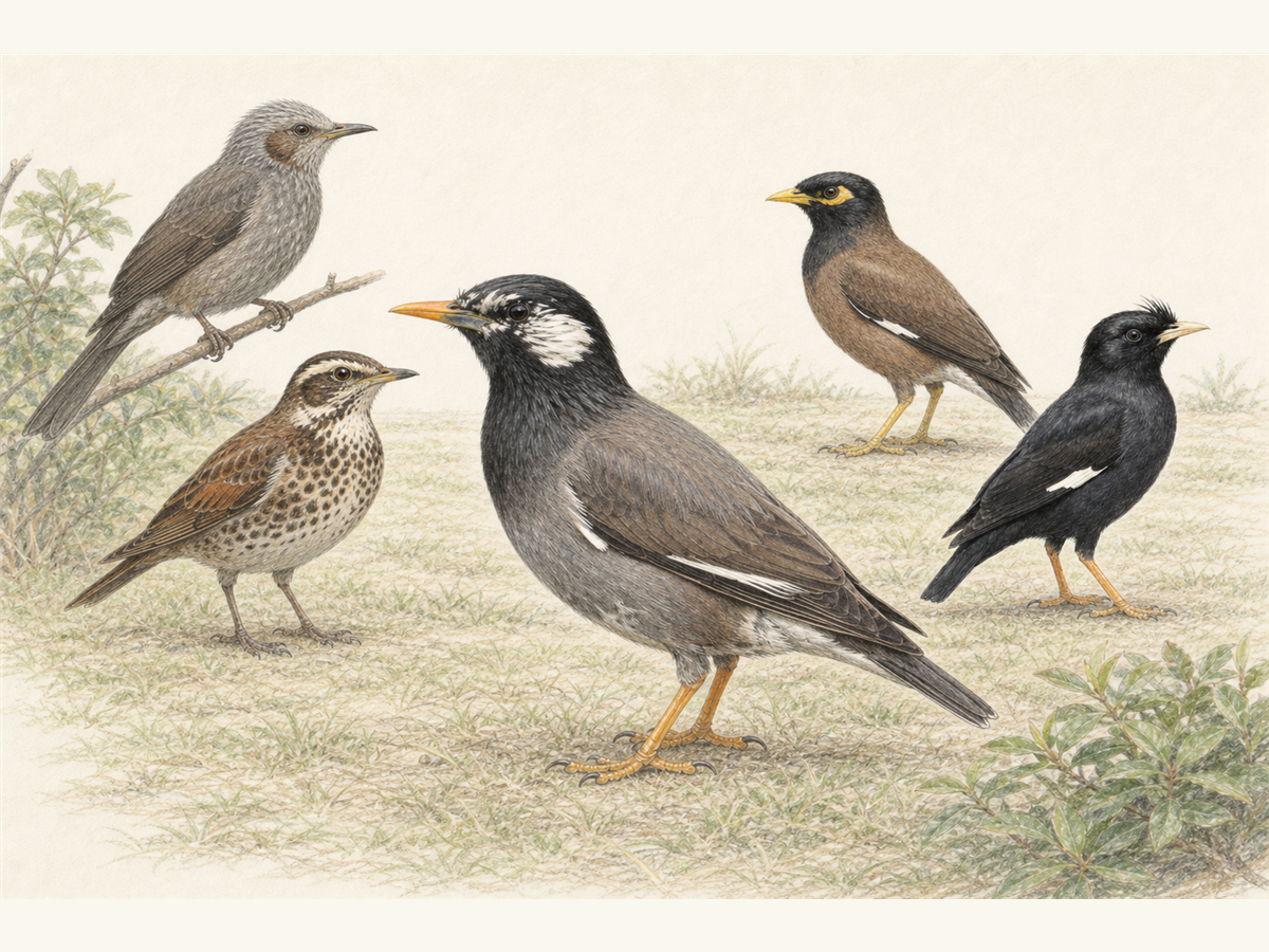 ムクドリに似た鳥6種を淡い色鉛筆画で比較したイラスト