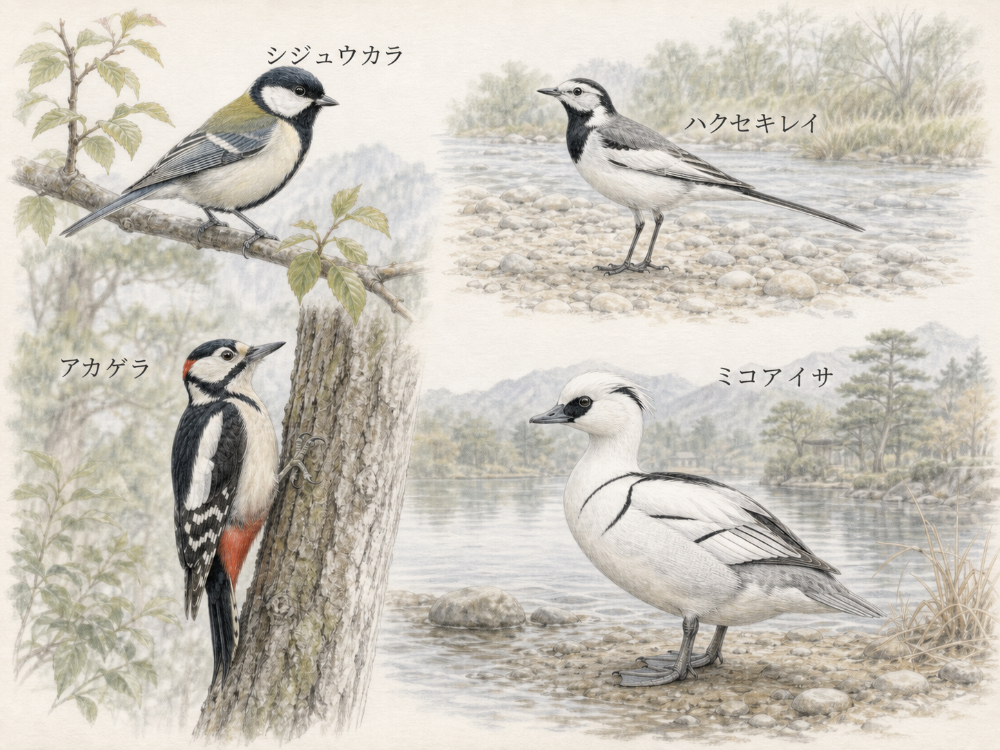 シジュウカラ、ハクセキレイ、アカゲラ、ミコアイサの名前を各個体の近くに記した色鉛筆画