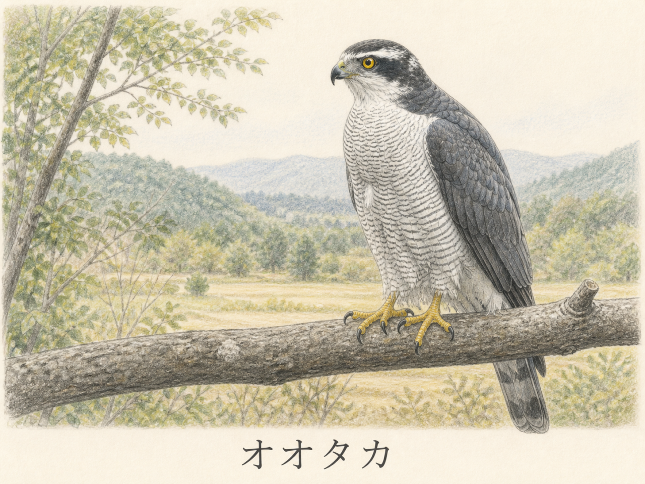 オオタカ完全ガイド｜里山の枝に止まる成鳥オオタカの淡い色鉛筆画