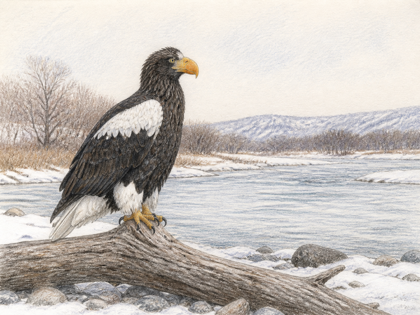 オオワシ完全ガイド 雪の残る水辺の太い倒木にとまる成鳥のオオワシを描いた淡い色鉛筆画