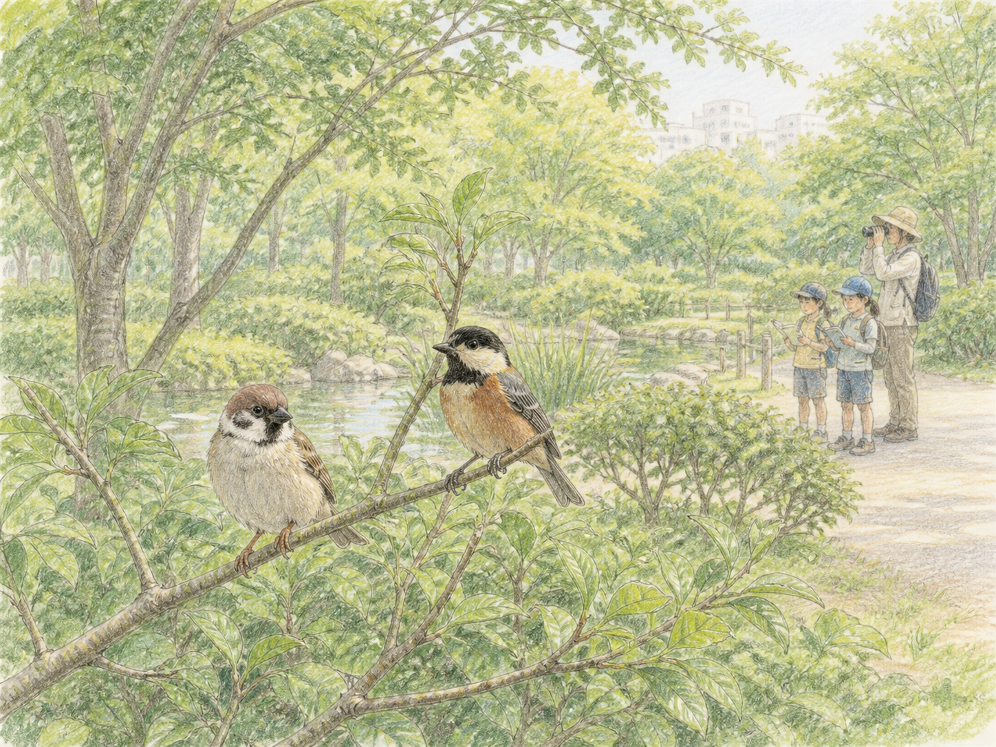 都市公園で小学生と保護者がスズメとヤマガラを離れて観察する淡い色鉛筆画