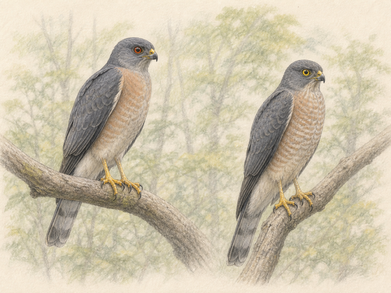 枝に止まるアカハラダカのオスとメスの淡い色鉛筆画