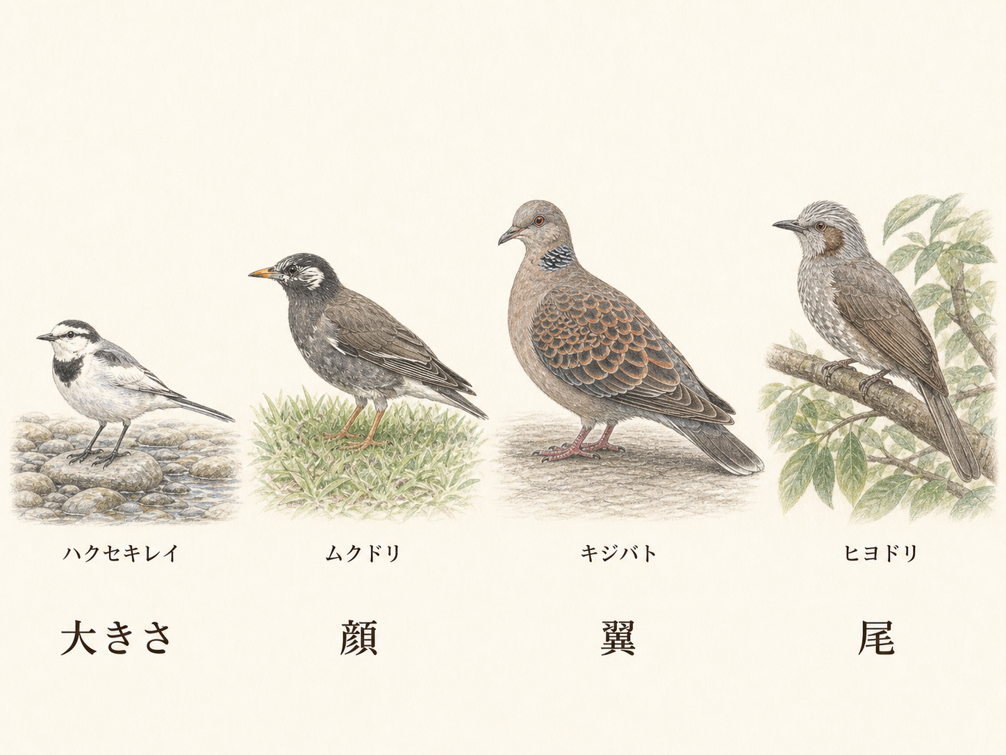 灰色の鳥の見分け方 大きさ・顔・翼・尾をハクセキレイ・ムクドリ・キジバト・ヒヨドリで比較した色鉛筆画