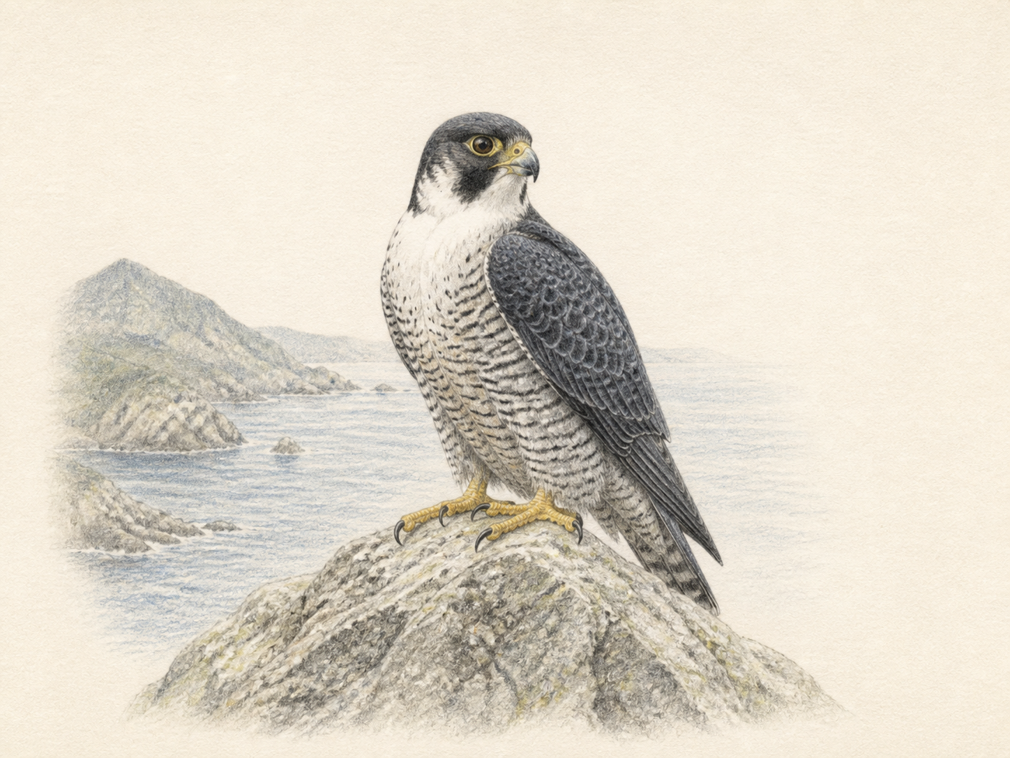 ハヤブサの特徴と大きさがわかる成鳥の色鉛筆画