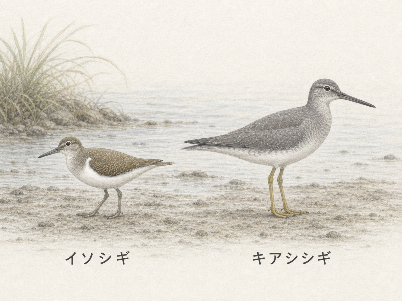 イソシギとキアシシギの違いを横から比較した淡い色鉛筆画