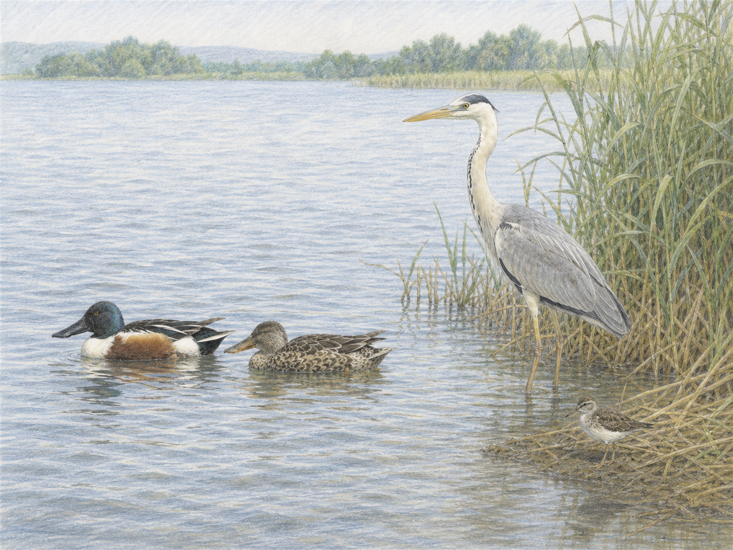 湖の開けた水面のカモ、浅瀬のアオサギ、ヨシ原の水鳥を描いた図鑑風イラスト