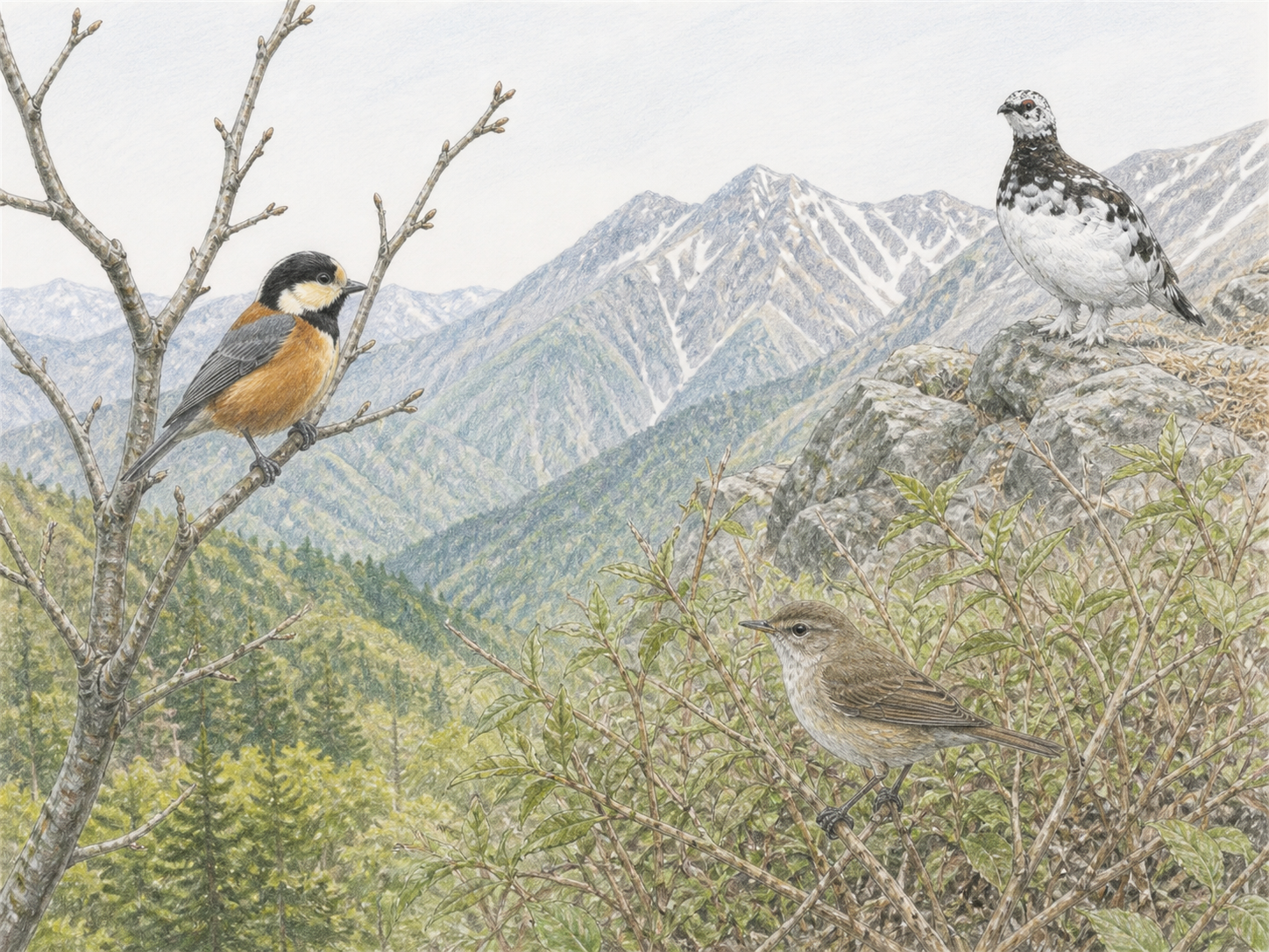 低山のヤマガラとウグイス、高山のライチョウを標高の違いとともに描いた図鑑風イラスト