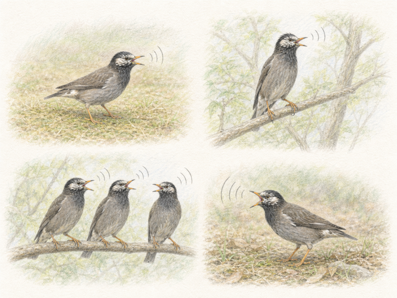 ムクドリの連絡声・さえずり・群れの鳴き交わし・警戒声を描いた淡い色鉛筆画