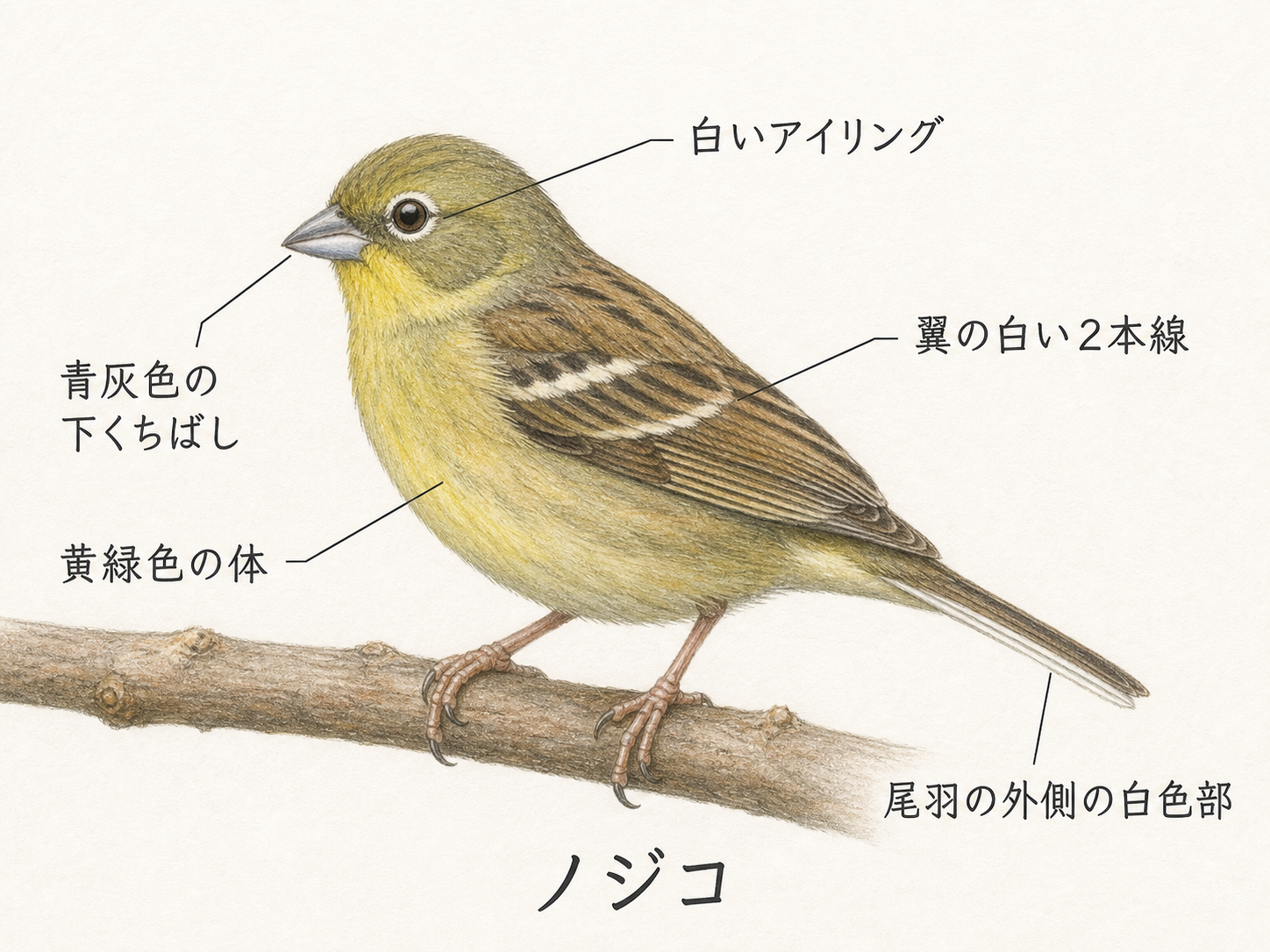 ノジコの白いアイリング、青灰色の下くちばし、黄緑色の体、翼と尾の白色部を示す特徴図