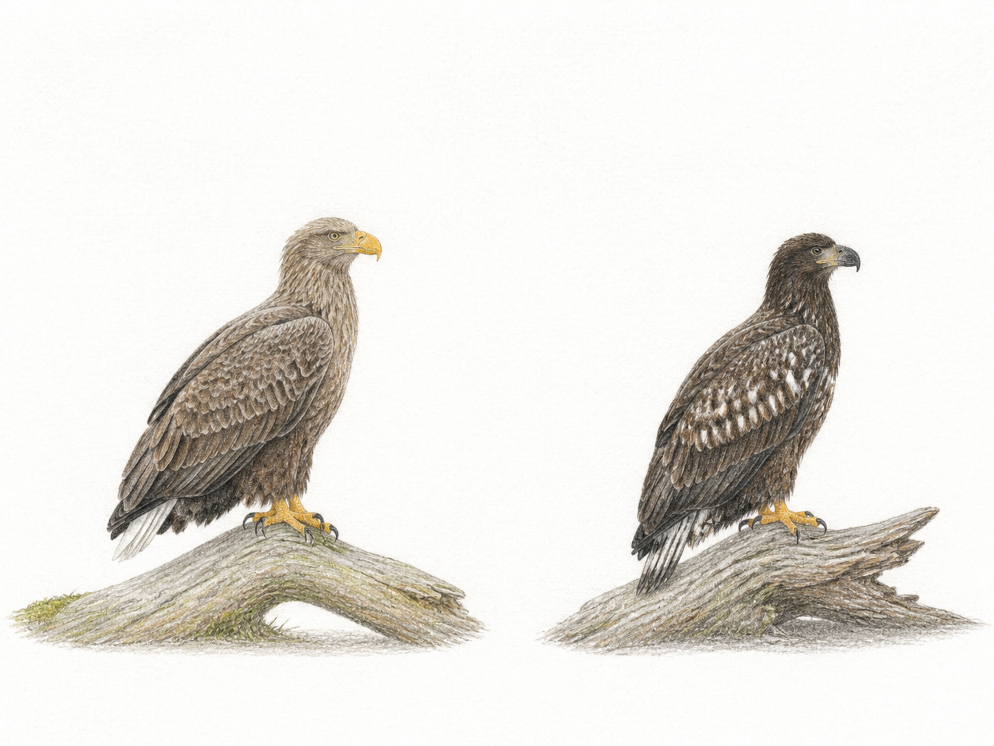 成鳥と幼鳥のオジロワシを並べて羽色と尾の違いを示す淡い色鉛筆画
