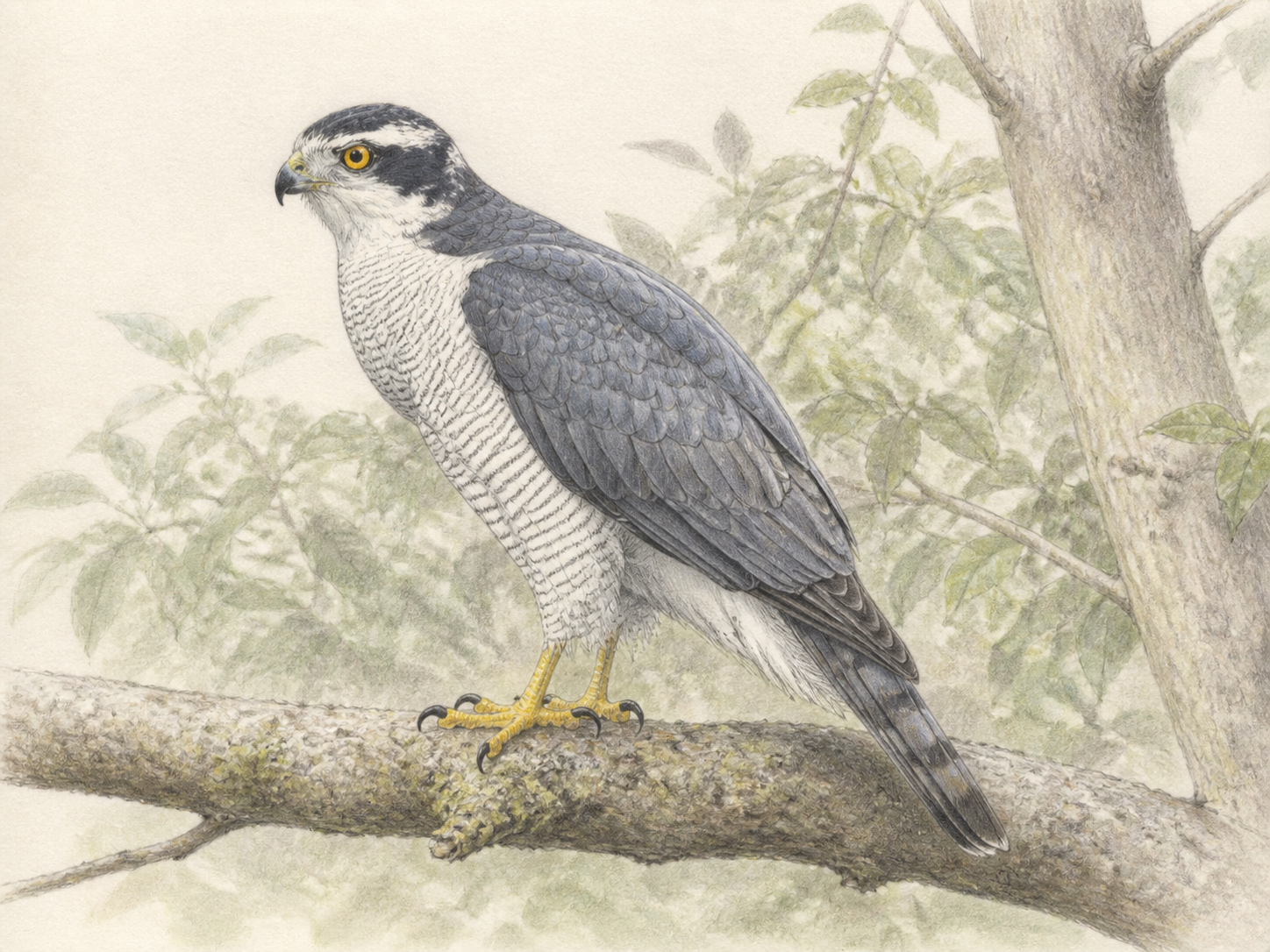 オオタカとは|長い尾と太い脚がわかる成鳥オオタカの色鉛筆画