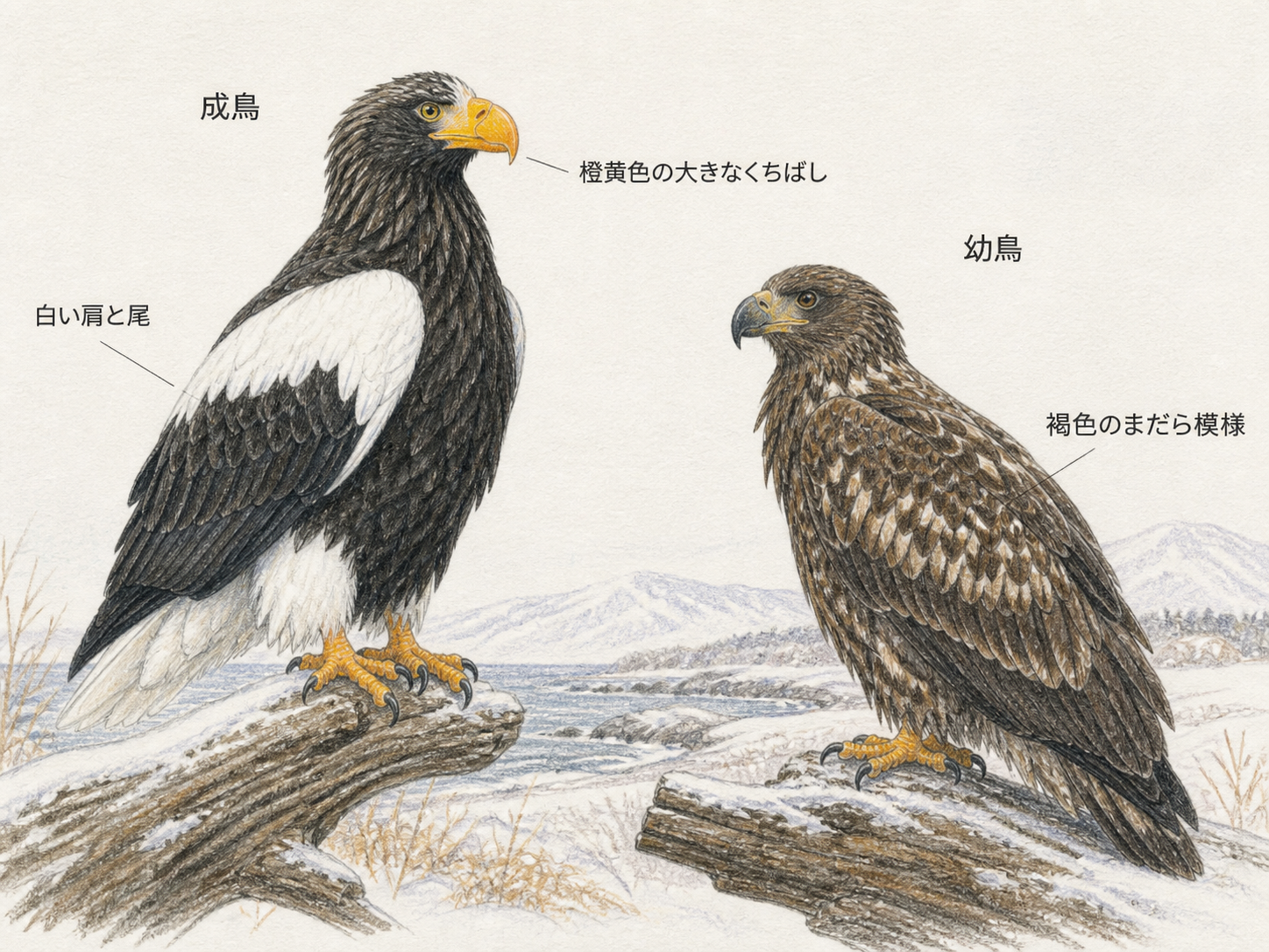 成鳥と若鳥のオオワシを並べて羽色とくちばしの違いを日本語ラベルで示す淡い色鉛筆画