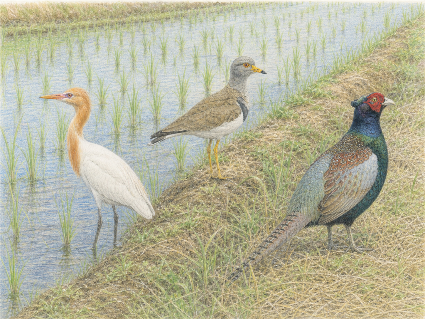 水の入った田のアマサギ、畦のケリ、草地のキジを描いた図鑑風イラスト