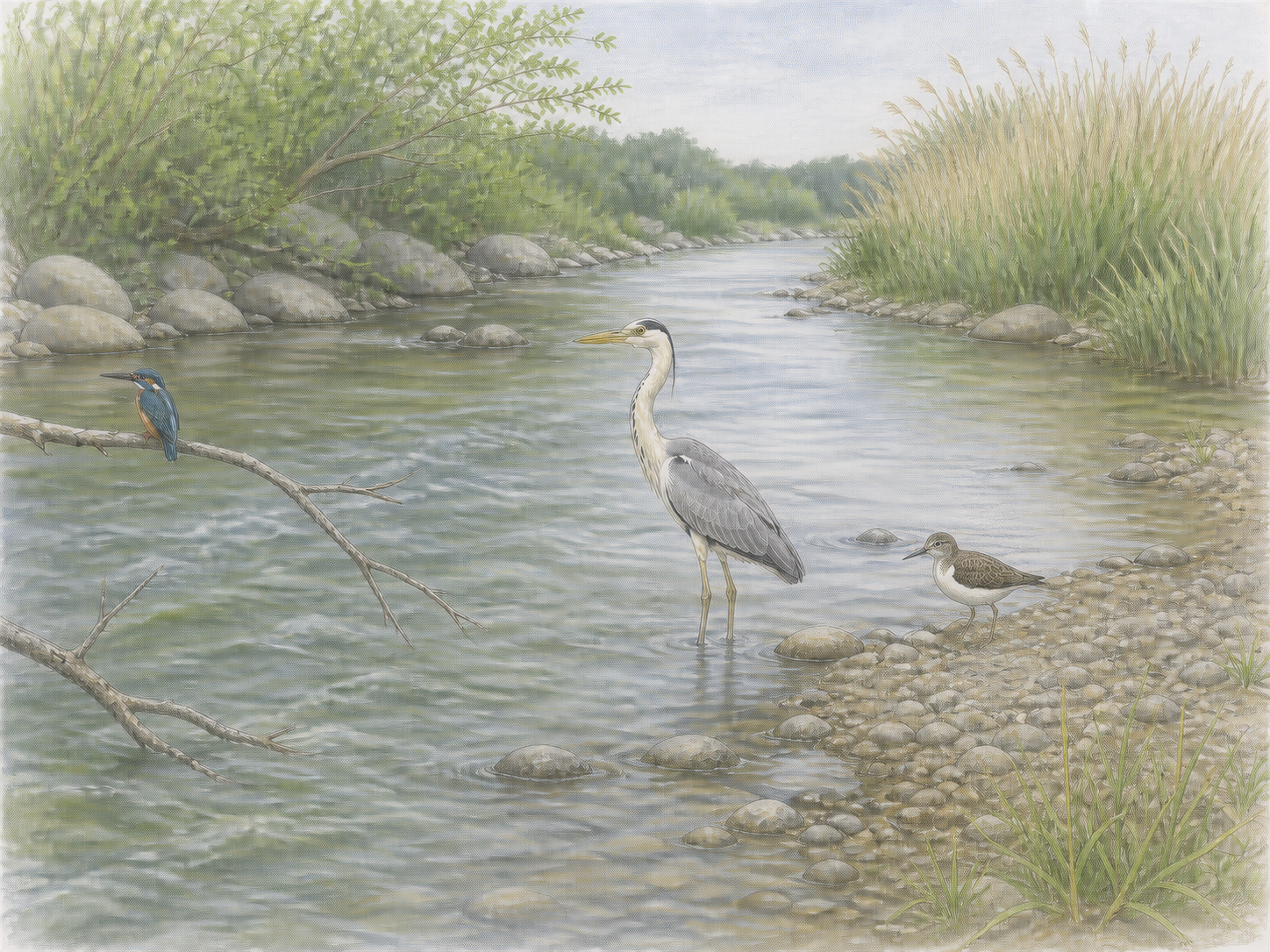川岸の枝のカワセミ、浅瀬のアオサギ、石の岸のイソシギを描いた淡い色鉛筆の図鑑風イラスト