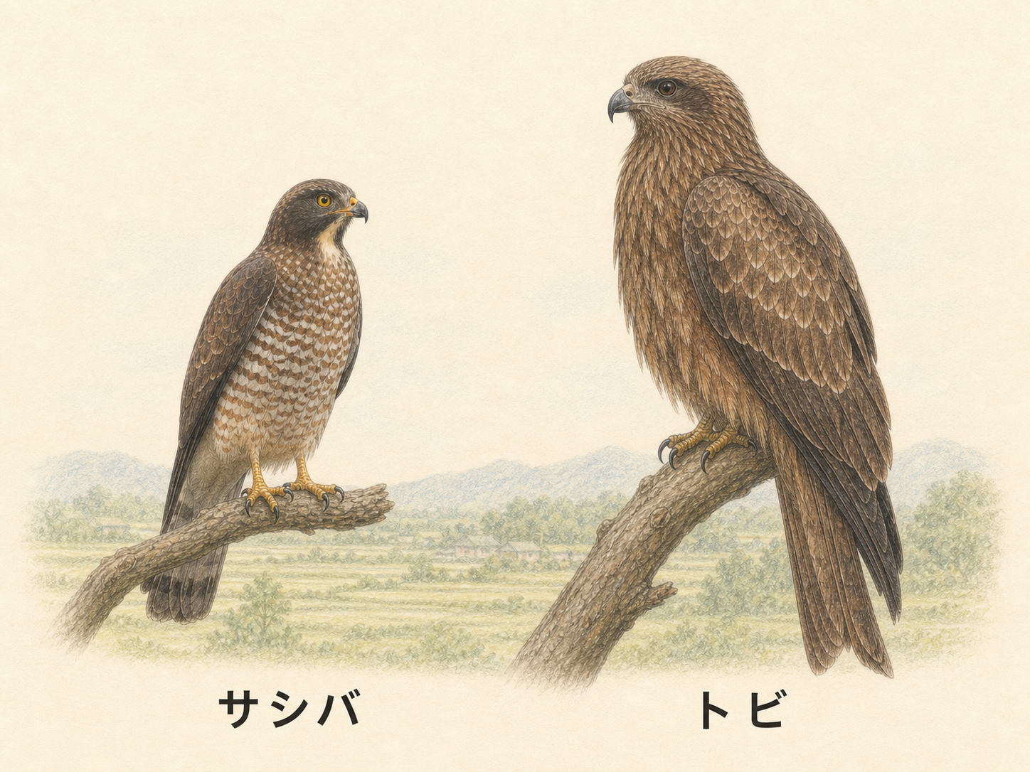 止まっているサシバとトビの識別ポイントを比べたイラスト