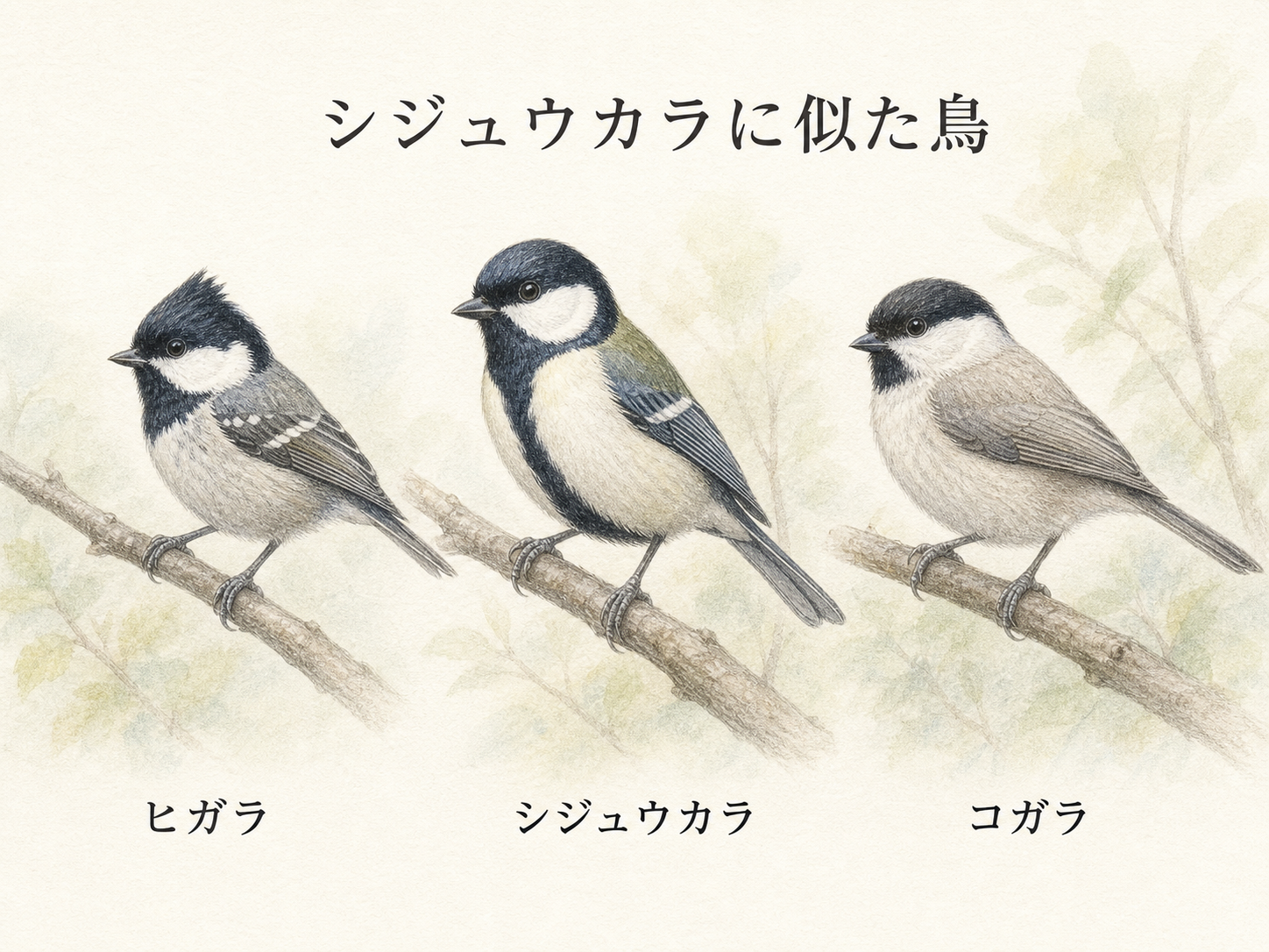 シジュウカラに似た鳥のシジュウカラ・ヒガラ・コガラを比較した淡い色鉛筆画