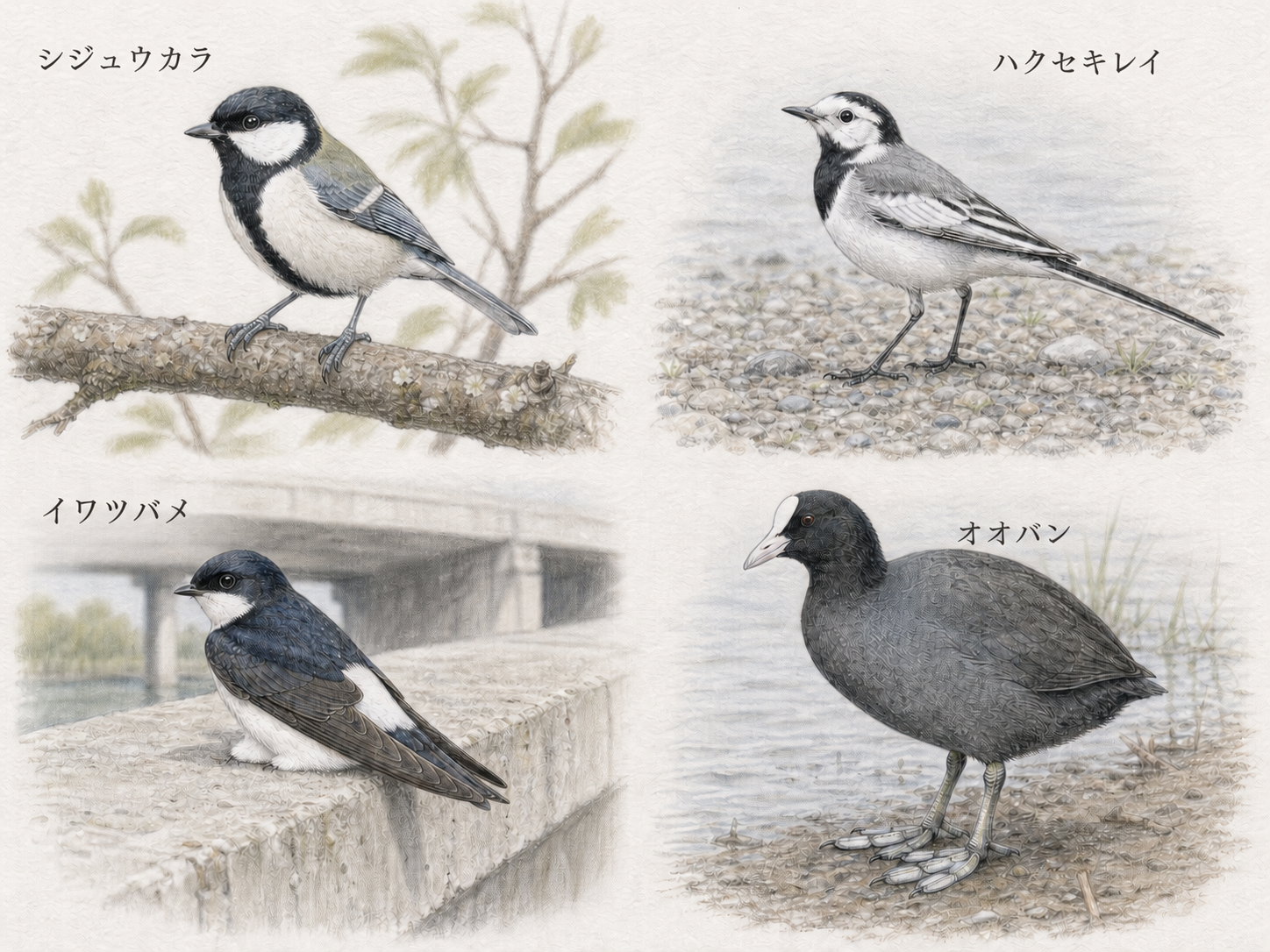 シジュウカラ、ハクセキレイ、イワツバメ、オオバンの名前を各個体の近くに記した色鉛筆画