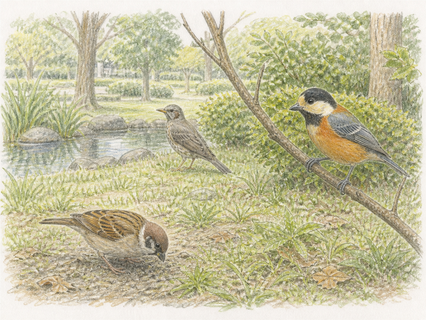 公園の地面のスズメ、枝のヤマガラ、芝生の鳥を描いた図鑑風イラスト