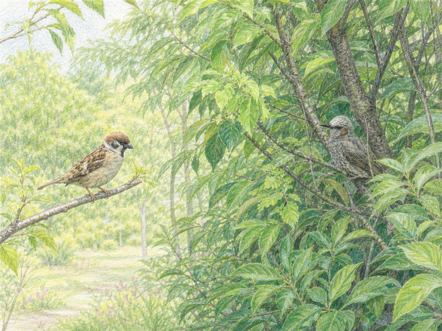 開けた枝のスズメと茂った葉に隠れるヒヨドリを比較した淡い色鉛筆画