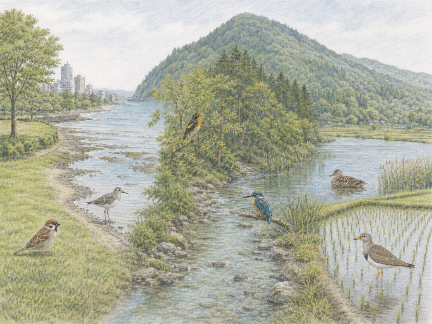 都市公園、海、山、川、湖、田んぼと各環境の野鳥を一つの風景に描いた淡い色鉛筆画