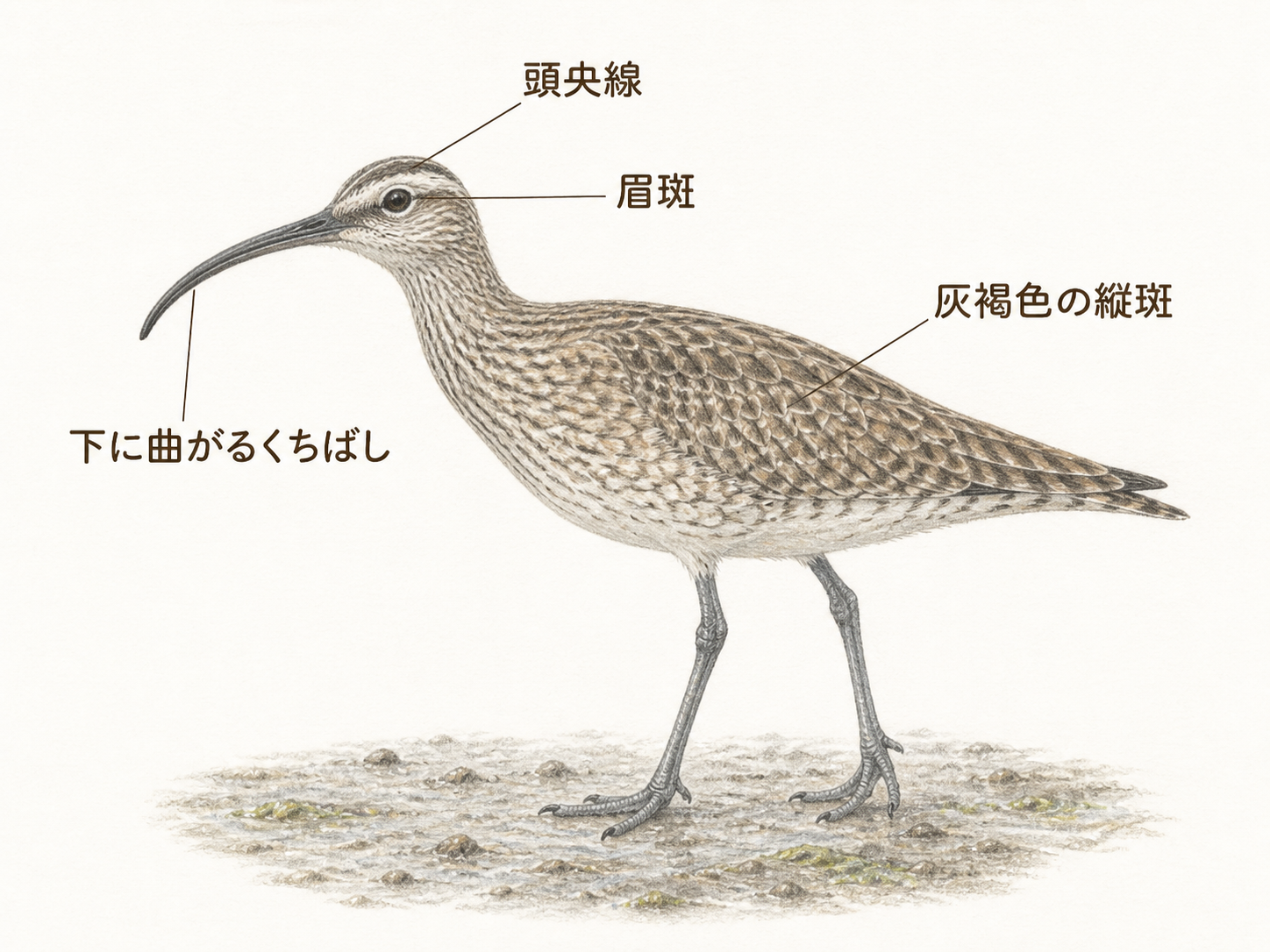 チュウシャクシギの頭央線・眉斑・下に曲がるくちばし・灰褐色の縦斑を示した識別イラスト