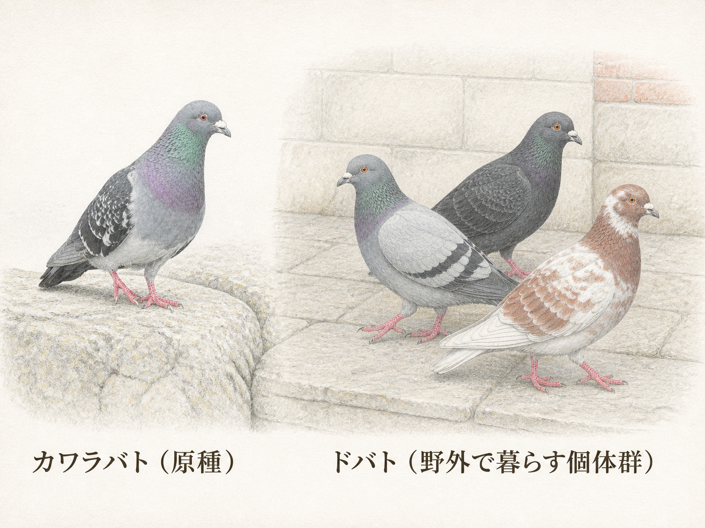 原種カワラバトと羽色が多様なドバトの関係を示す色鉛筆図