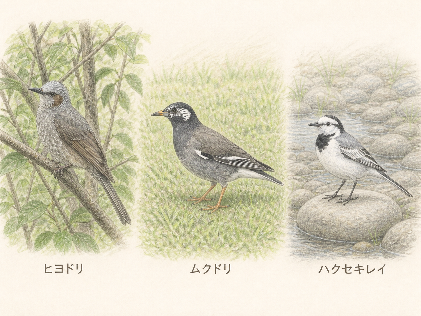 街・庭・公園で見られる灰色の鳥 ヒヨドリ・ムクドリ・ハクセキレイの色鉛筆画